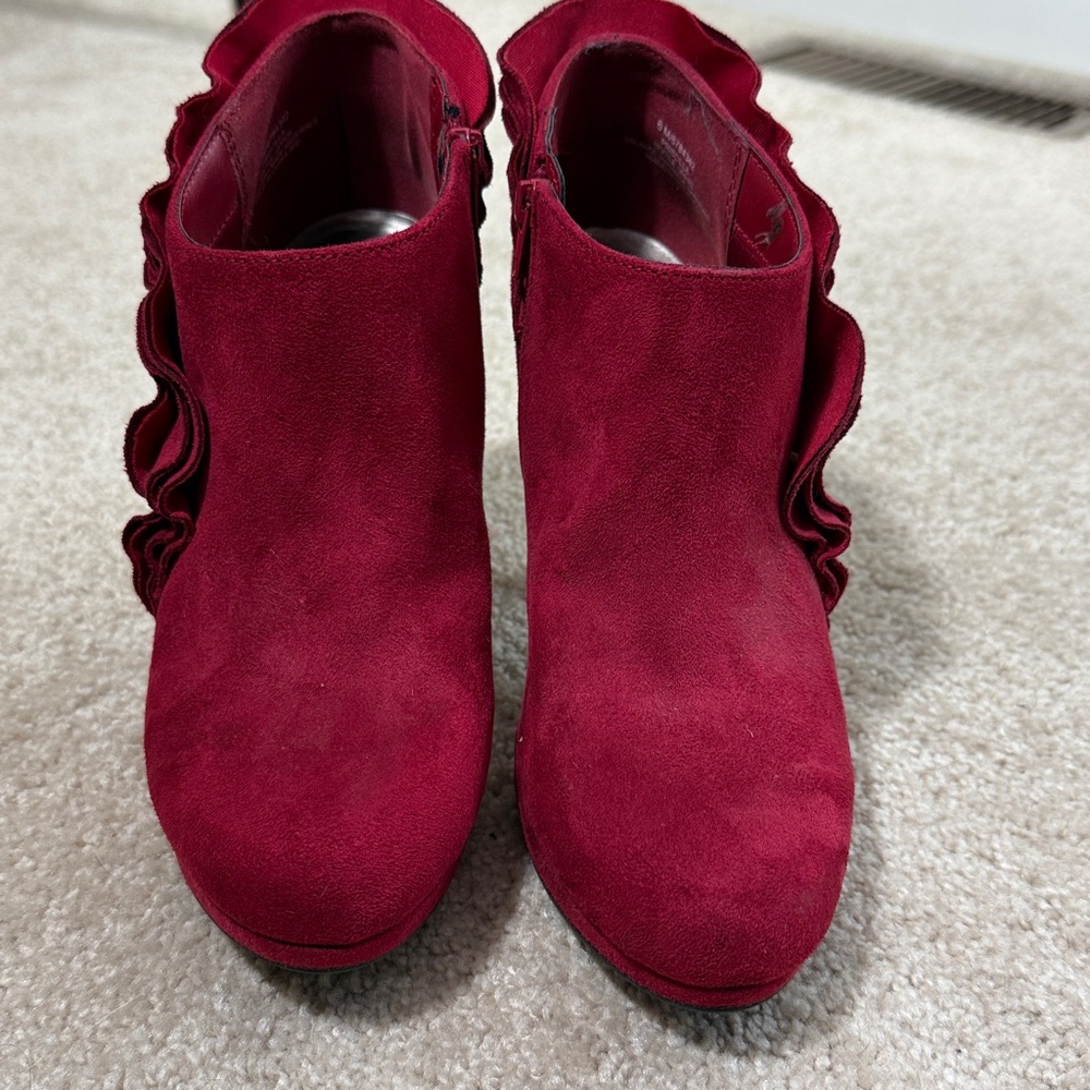 IMPO Red Faux Suede Ankle Boots with Ruffle Detail - Picture 4 of 6